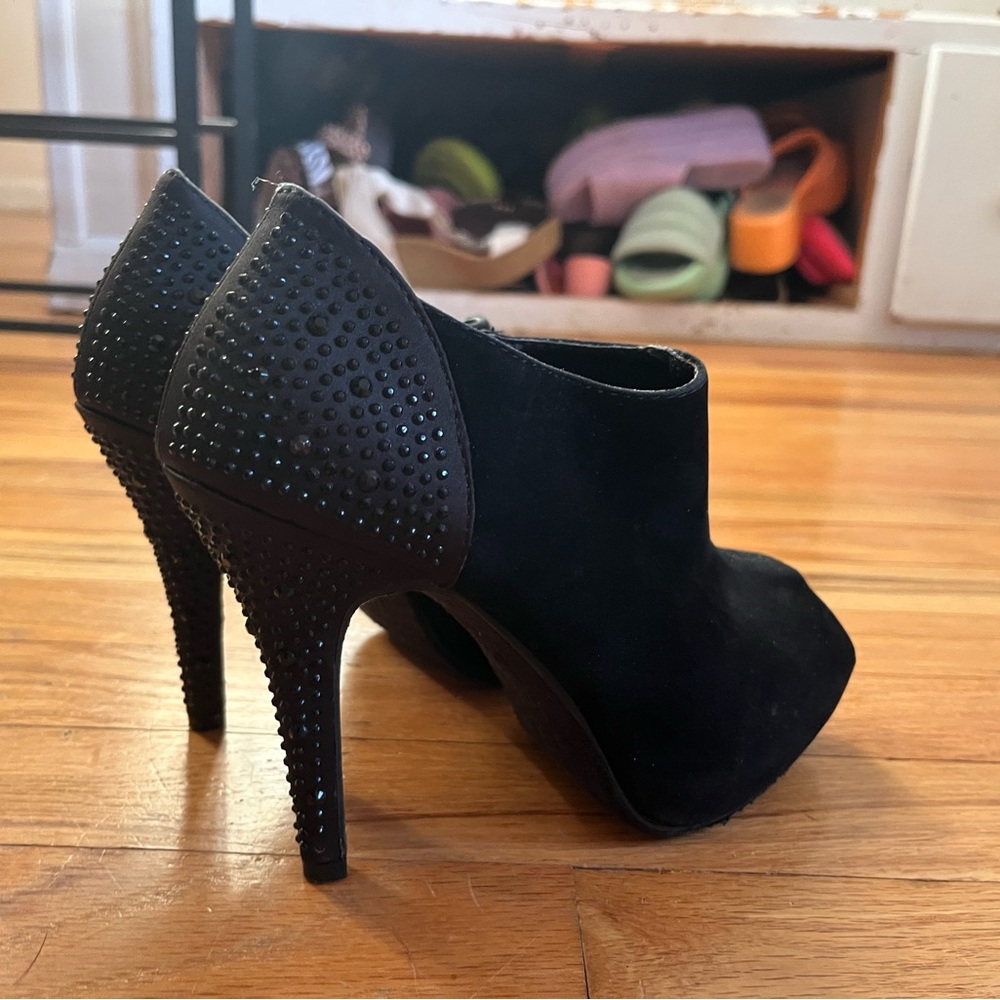 Black bejeweled peep toe 90’s zip up stilettos